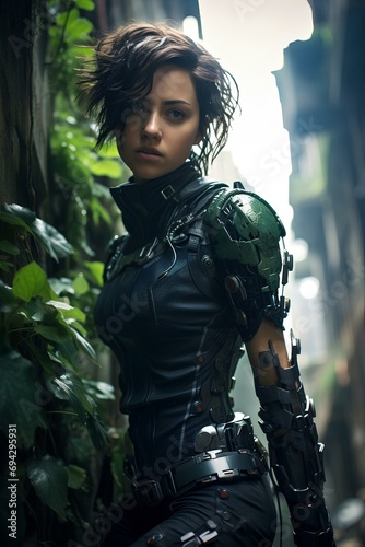 Cyberpunk girl with short hair, cybernetic robotic legs and arms. scene is post apocalyptic, green overgrown vines on broken buildings in future, empty city streets. generative AI