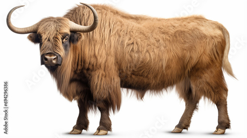brown yak (Bos mutus) isolated on white background. Generative AI photo