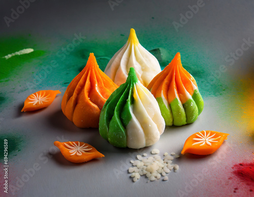 Sweet Tiranga coloured modak shape mithai or dumpling for Independence or republic day greeting card photo