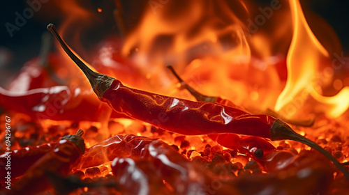Red chili pepper close-up in a burning flame on a black. Generative AI photo