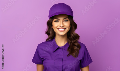 A young optimistic engineer on purple Background 