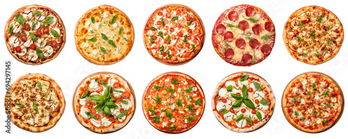 Top view on a set of different types of fresh delicious pizzas, isolated on a transparent background photo