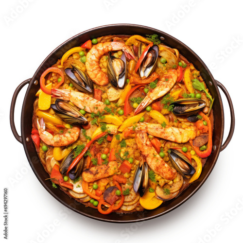 Top view on a fresh delicious Paella dishes isolated on a transparent background