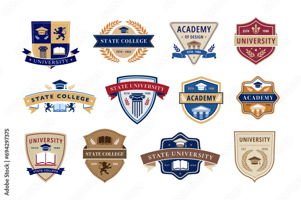 Education emblem. State college, academy and university badges with books, laurel wreaths and traditional shield shapes. Academic insignia vector label set - obrazy, fototapety, plakaty 