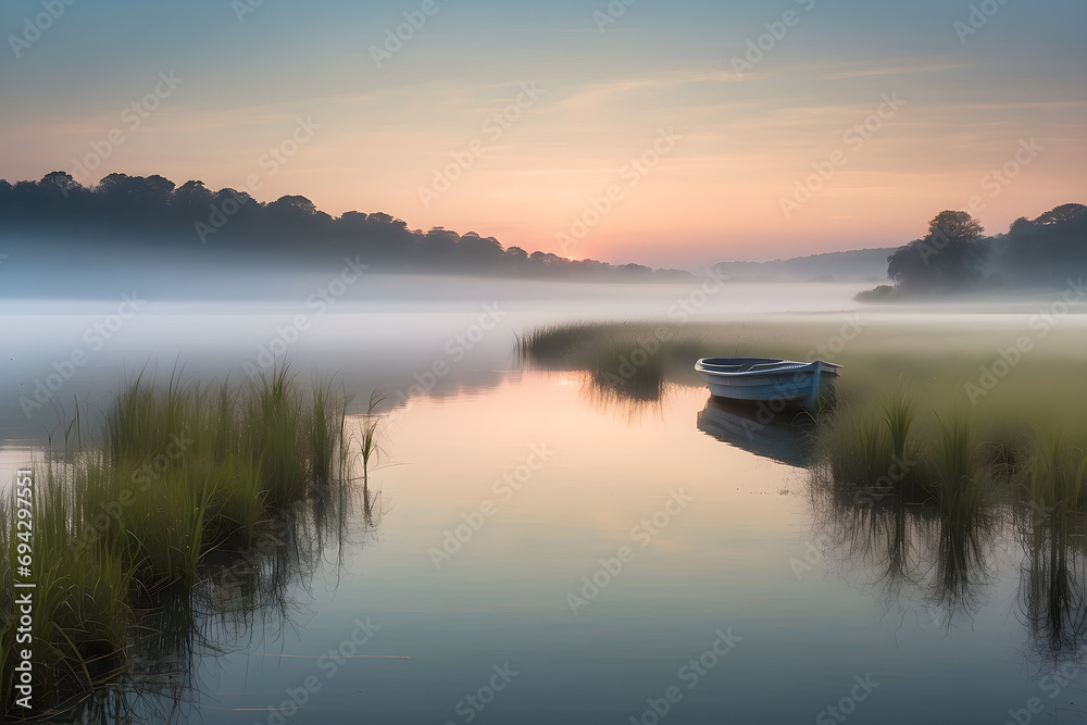 Fototapeta premium A serene lakeside at dawn, where the water mirrors the soft pastels of the morning sky