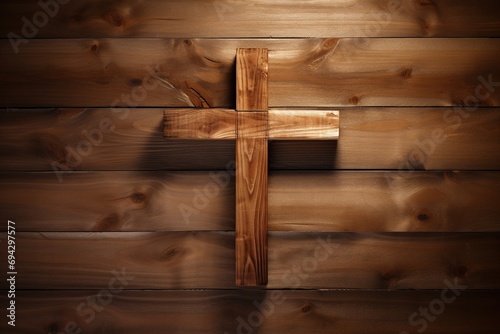 Wooden christian cross on a wooden background.Christian religion concept. photo