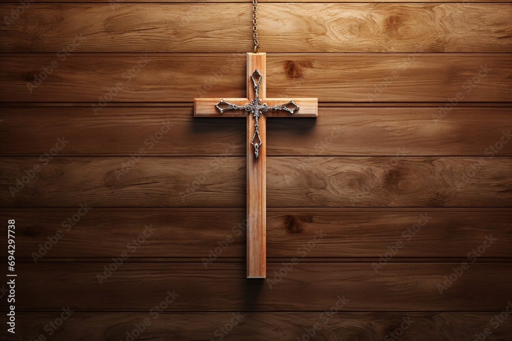 Wooden christian cross on a wooden background.Christian religion concept.
