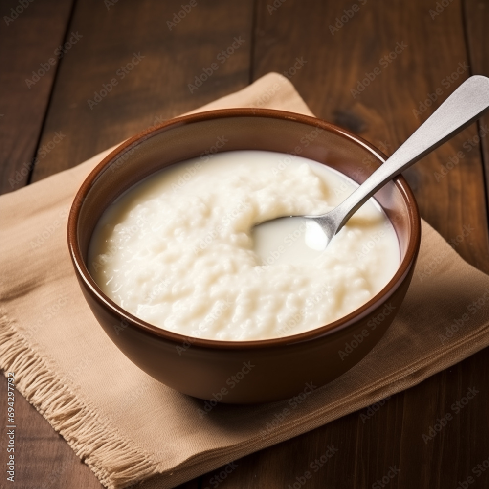 Oatmeal or rice porridge with vegetable or animal milk in a clay plate on a wooden background. Vegetarian and vegan food, healthy breakfast, diet. Generative AI Oatmeal or rice porridge with vegetable or animal milk in a clay plate on a wooden background. Vegetarian and vegan food, healthy breakfast, diet. Generative AI