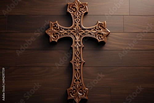 Wooden christian cross on a wooden background.Christian religion concept.