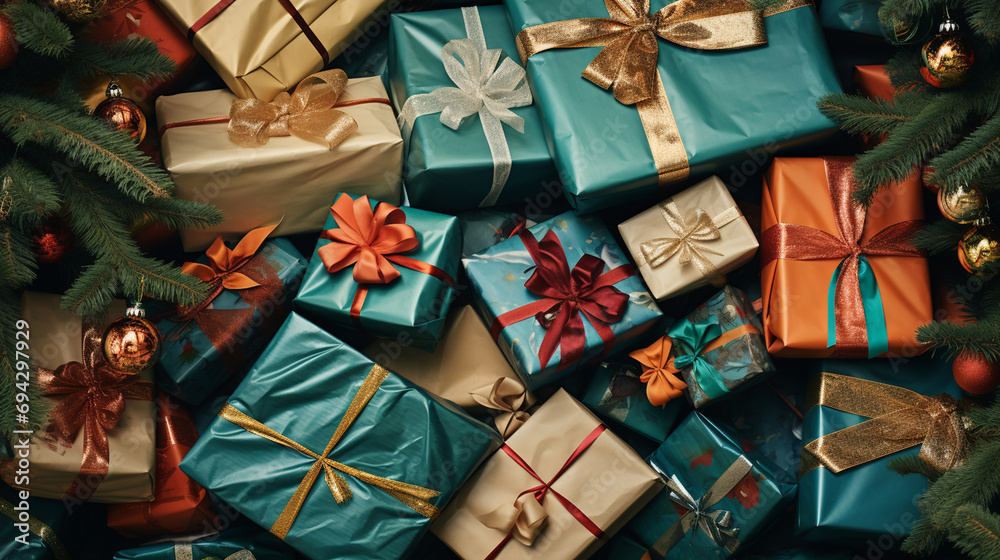 colorful Christmas gifts scattered on the floor, generative ai