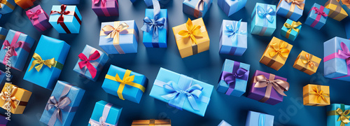 gifts of different colors scattered on the floor against a blue background, generative ai