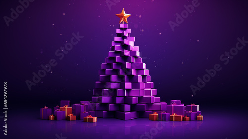 gifts lie around a purple Christmas tree with a star made of cubes, generative ai