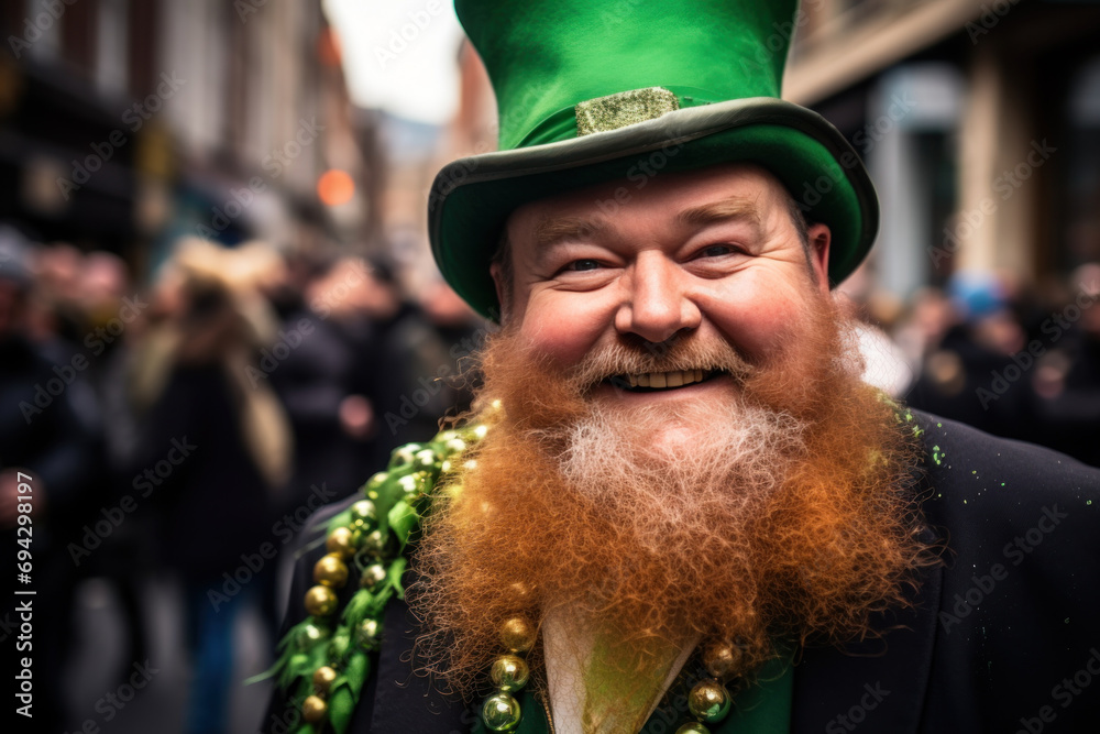 Joyful man in St. Patrick's Day attire, outdoor celebration Joyful man in St. Patrick's Day attire, outdoor celebration