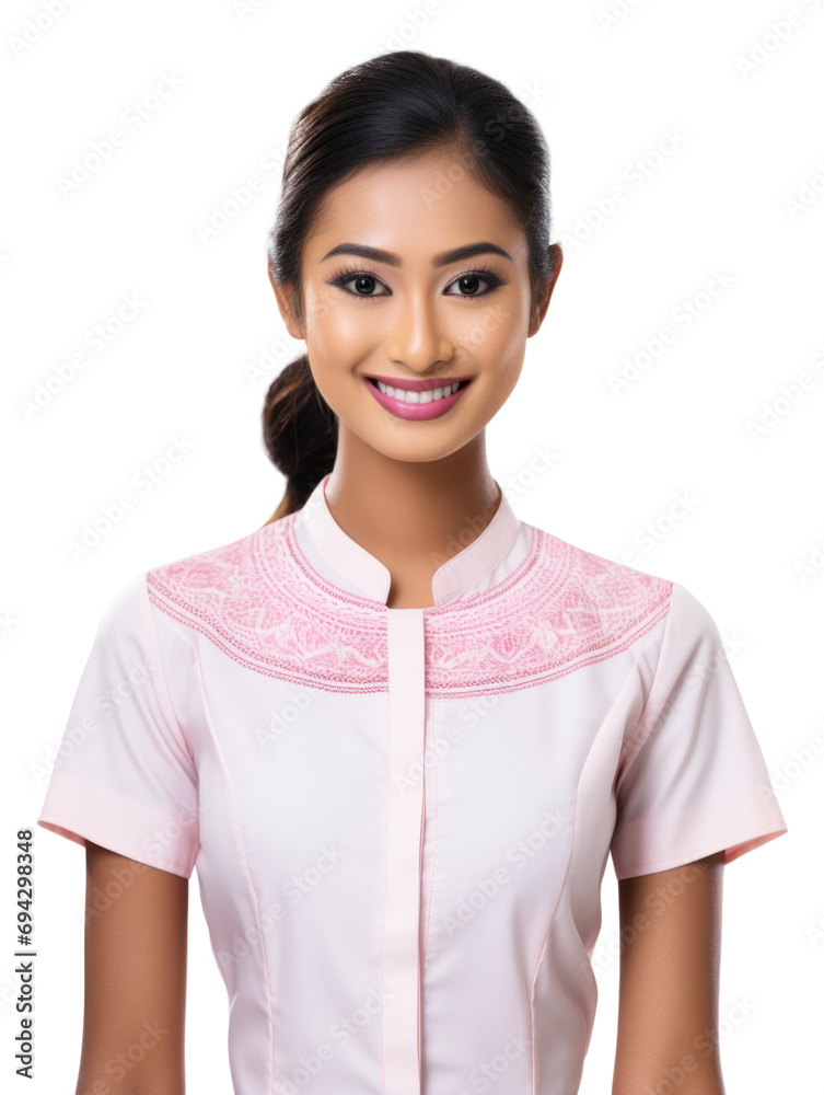 Female native thai masseuse with thai traditional uniform in transparent background Female native thai masseuse with thai traditional uniform in transparent background