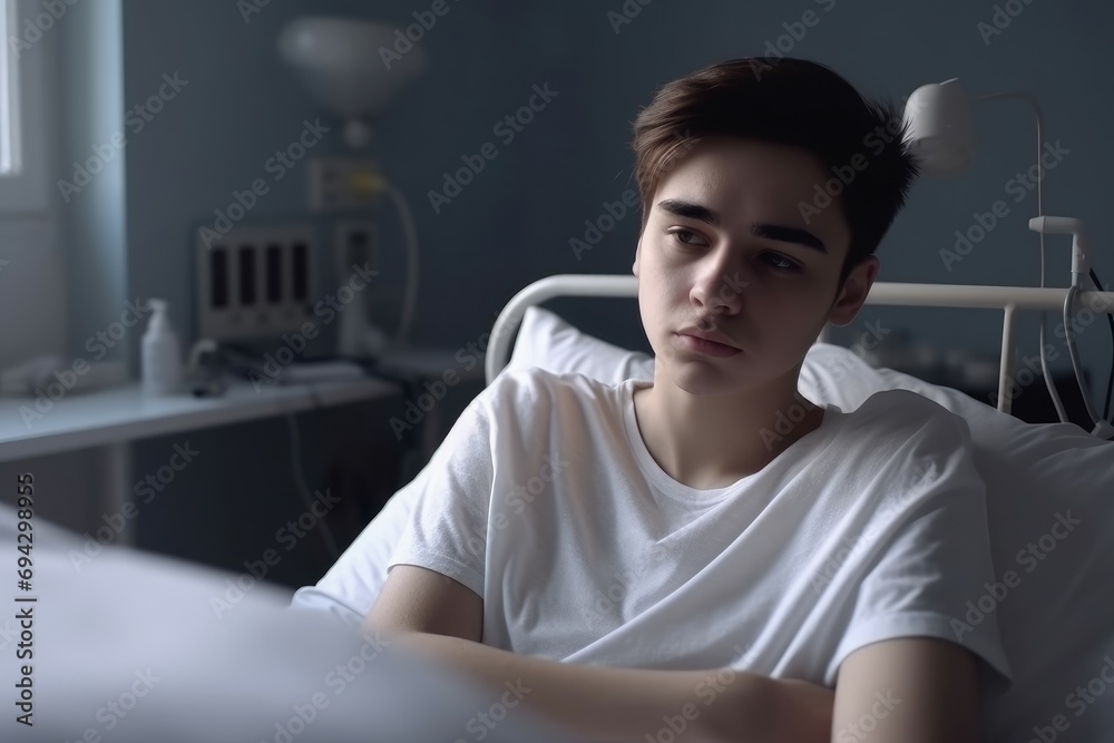 Teen boy in hospital bed bad health. Male strong hear sick. Generate Ai Teen boy in hospital bed bad health. Male strong hear sick. Generate Ai