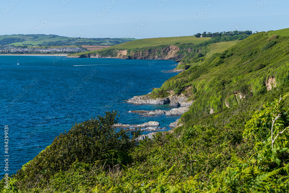 Channel coast and cliffs between Polkerris and Menabilly, Cornwall, England, UK