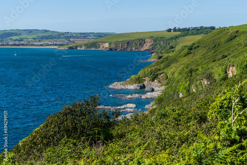 Channel coast and cliffs between Polkerris and Menabilly, Cornwall, England, UK photo