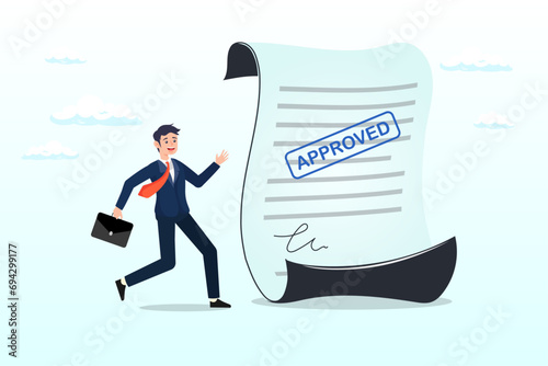 Happy businessman with document paperwork with approved stamp, document approved, business paperwork approval with rubber stamp and signature sign, request accept or legal certified document (Vector) photo
