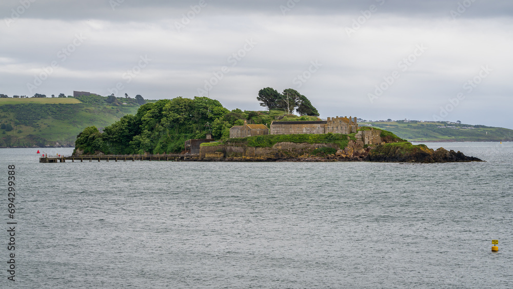 Firestone Bay and Drake's Island in Plymouth, Devon, England, UK