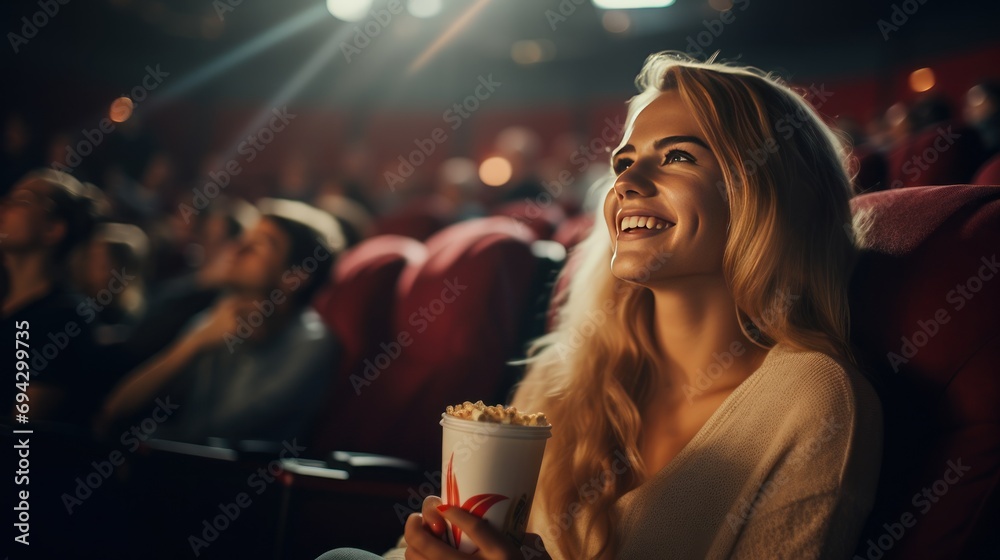 Young woman watching a movie in a movie theater - obrazy, fototapety, plakaty 