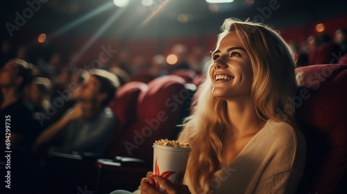 Young woman watching a movie in a movie theater photo