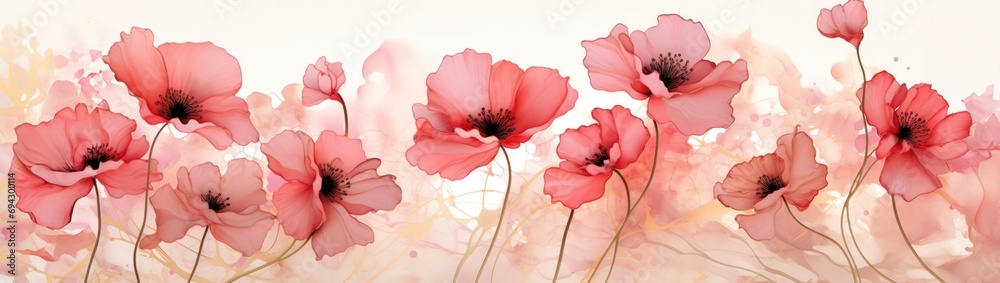Fototapeta premium Graphic Gold line Poppy abstract pattern on marbled pale pink watercolor look background