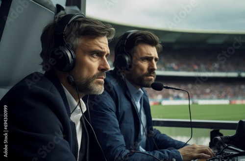 Two sport commentators at green stadium. Major event game fun video. Generate Ai photo