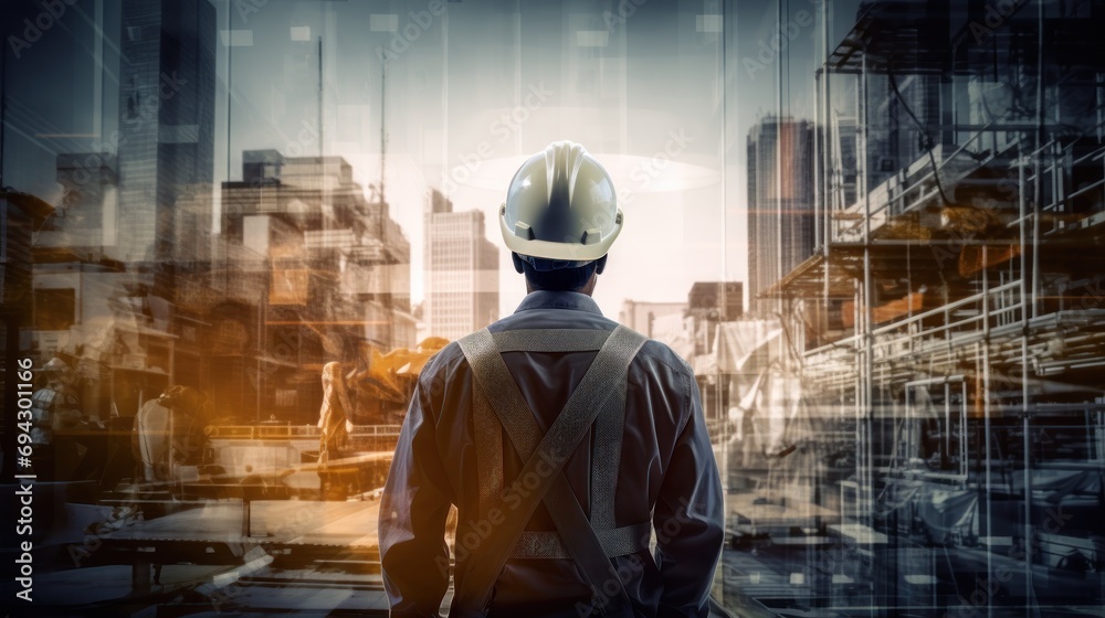 Overlay of engineer with transparent building construction industry concept Overlay of engineer with transparent building construction industry concept