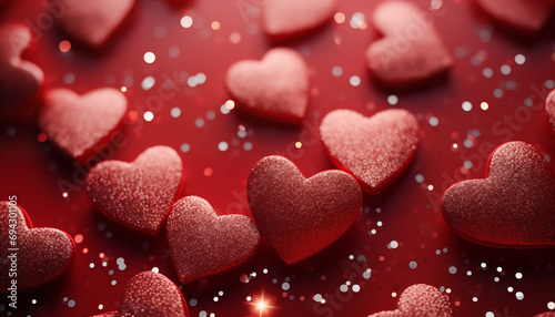 Red background of glittering hearts, Valentine's Day greeting card.