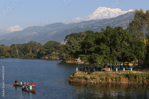 the snow mountain with phewa lake, Pokhara is one of popular travel city in nepal which built near the Phewa lake photo