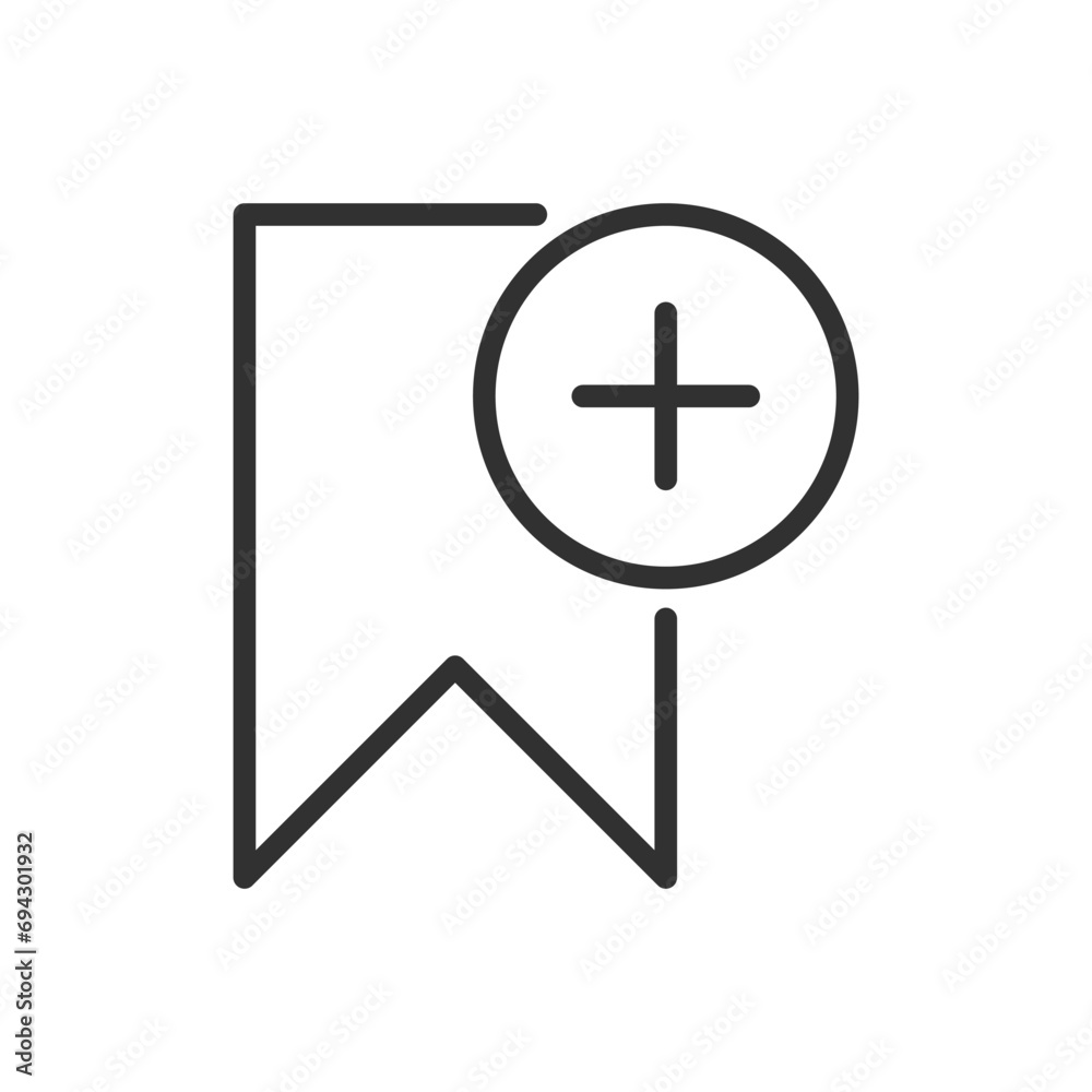 Add a bookmark, linear icon. Bookmark with plus. Line with editable stroke Add a bookmark, linear icon. Bookmark with plus. Line with editable stroke