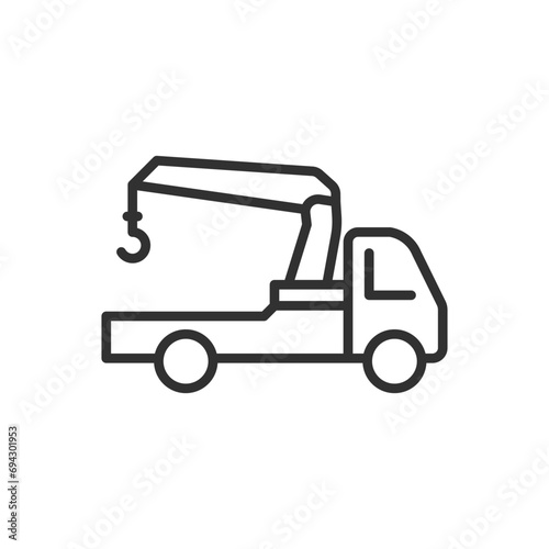 Flatbed truck with crane, linear icon. Line with editable stroke