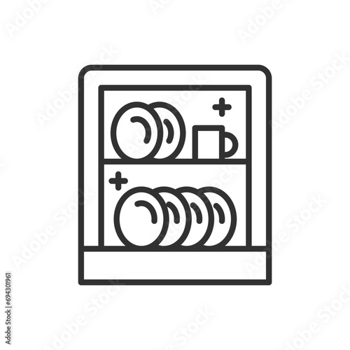 Dishwasher with dishes, linear icon. Line with editable stroke