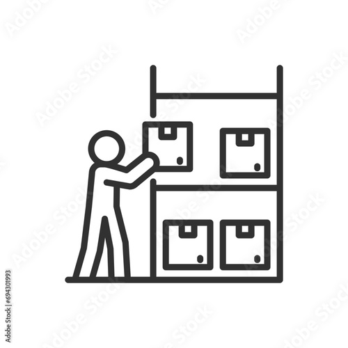 longshoreman in a logistics warehouse, linear icon. A man takes a box off the shelf. Line with editable stroke