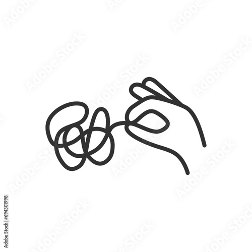Unravelling a thread, linear icon. The hand pulls the tangled thread. Line with editable stroke