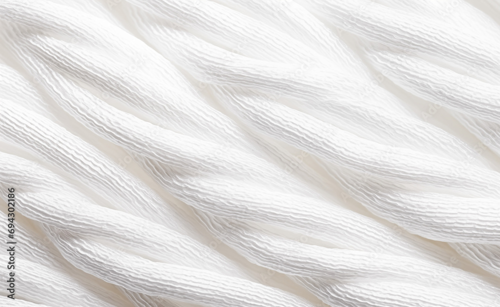 Close-up of white cotton fabric interlaced fiber macro, white synthetic cotton threads background. Close-up of white cotton fabric interlaced fiber macro, white synthetic cotton threads background.