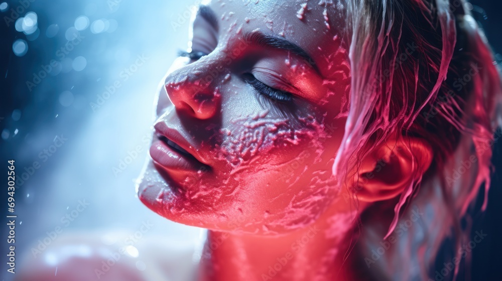 Powder splashed on the face of a beautiful neon woman. Powder splashed on the face of a beautiful neon woman.