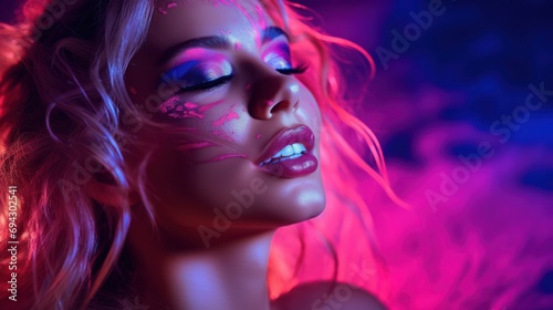 Powder splashed on the face of a beautiful neon woman.