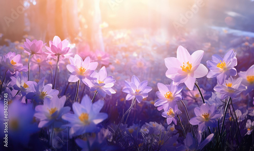 spring Summer blooming flowers in the garden, blossom meadow, bright warm colors, background, season backdrop  closeup