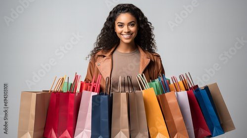 African America woman with shopping bags, copy space on background. Shopaholic people, retail special offer price, holiday vacation activity lifestyle concept, Chinese New Year Christmas Xmas party