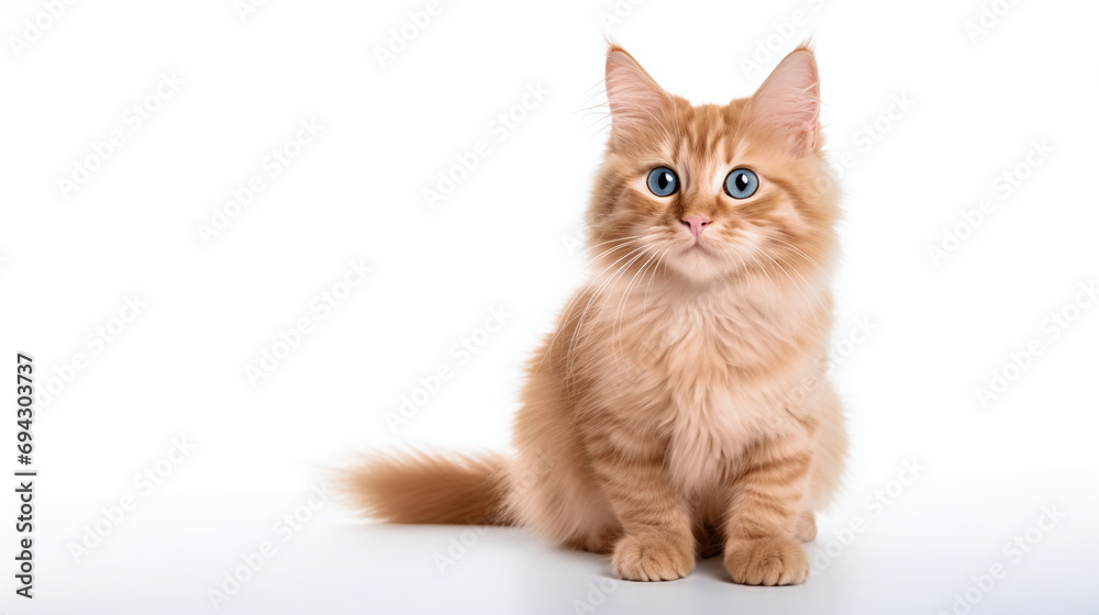 Cute alert Maine Coon kitten with soft orange fur and piercing blue eyes on a white surface, suited for pet adoption and kitten care services. AI Generative Cute alert Maine Coon kitten with soft orange fur and piercing blue eyes on a white surface, suited for pet adoption and kitten care services. AI Generative