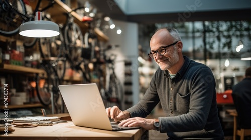 Senior man working on laptop in bicycle shop photo