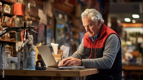 Senior man working on laptop in bicycle shop