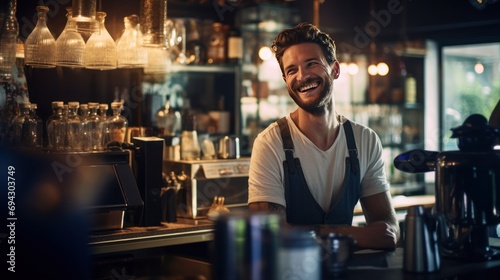 Fotografia Smiling male bartender prepares drinks using a coffee maker in a coffee shop