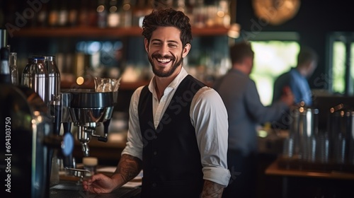 Smiling male bartender prepares drinks using a coffee maker in a coffee shop.