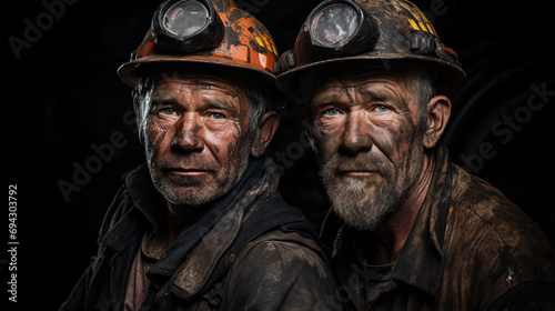 Portrait of two coal miner in a mine on a black background