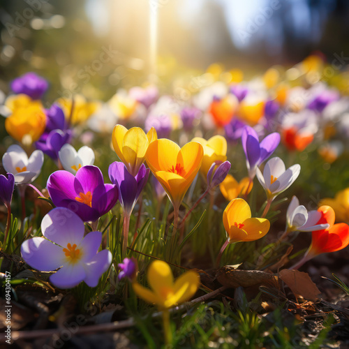 spring Summer blooming flowers in the garden meadow, bright warm colors, background, season blossom closeup