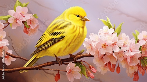 A canary perched inside a blossoming shrub, its yellow feathers bright and cheerful. © baloch