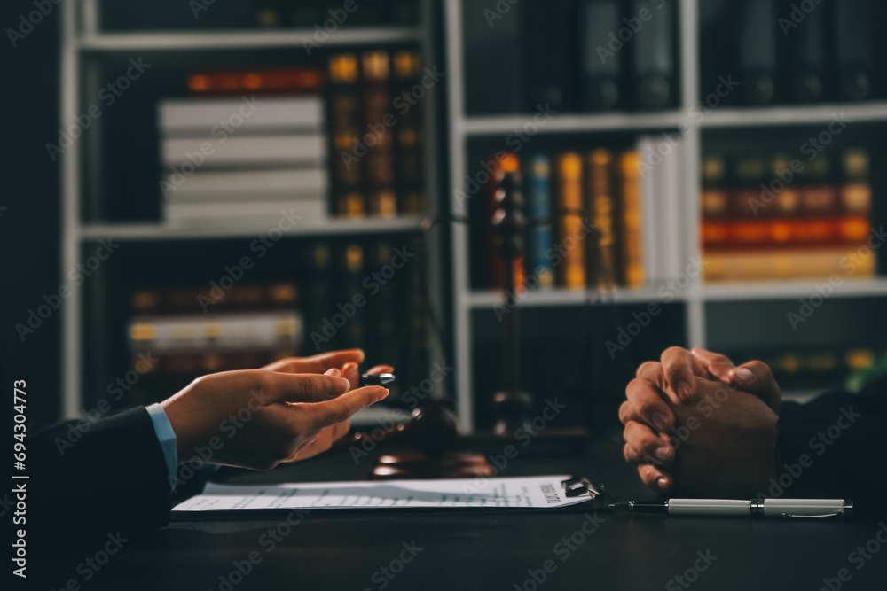 Customer service good cooperation, Consultation between a Businessman and Male lawyer or judge consult having team meeting with client, Law and Legal services concept. - obrazy, fototapety, plakaty 