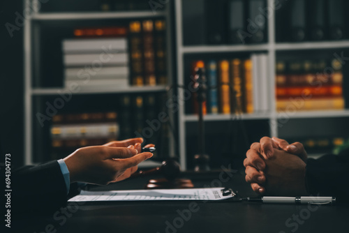 Customer service good cooperation, Consultation between a Businessman and Male lawyer or judge consult having team meeting with client, Law and Legal services concept. photo